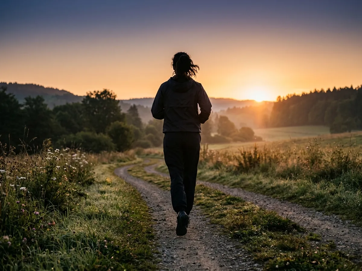 Person läuft bei Sonnenaufgang draußen, von hinten fotografiert